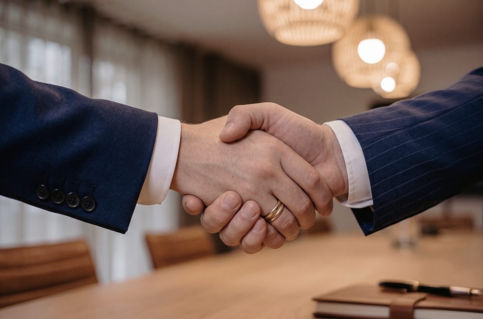 Two people in suits shaking hands across a table